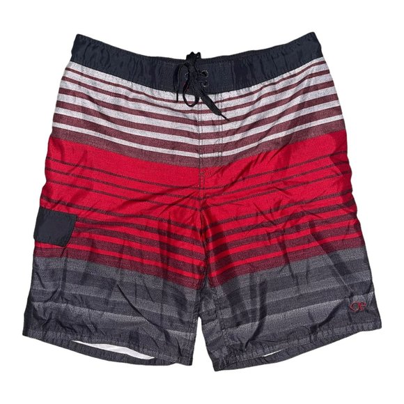 Ocean Pacific OP Swim Trunks Mens L 36-38 Red Gray Striped Pocket Logo Swimwear - Picture 1 of 8